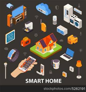 Smart Home Electronic Devices Isometric Poster. Smart home best automatic electronic devices choice with remote control in owners hand isometric poster vector illustration