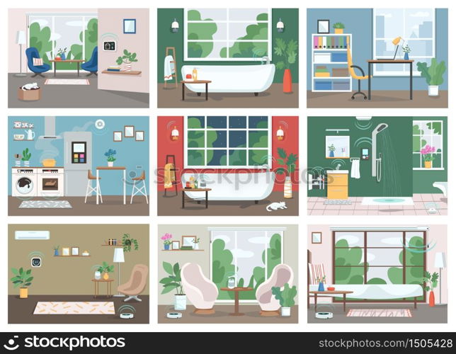 Smart home flat color vector illustrations set. Automated kitchen, bathroom and living room 2D cartoon interior. Internet of things, technologies in everyday life. Intelligent domestic appliances