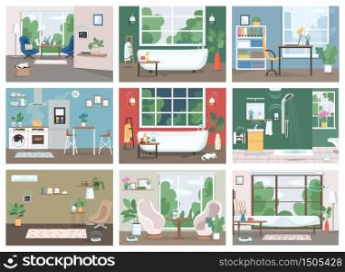 Smart home flat color vector illustrations set. Automated kitchen, bathroom and living room 2D cartoon interior. Internet of things, technologies in everyday life. Intelligent domestic appliances