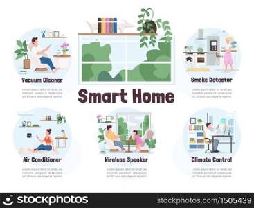 Smart home flat color vector informational infographic template. Modern technology poster, booklet, PPT page concept design with cartoon characters. IOT advertising flyer, leaflet, info banner idea