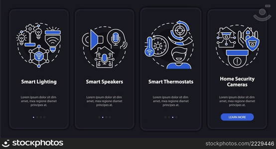 Smart home gadgets night mode onboarding mobile app screen. Walkthrough 4 steps graphic instructions pages with linear concepts. UI, UX, GUI template. Myriad Pro-Bold, Regular fonts used. Smart home gadgets night mode onboarding mobile app screen