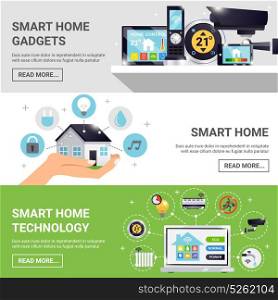 Smart Home Horizontal Banner Set. Three horizontal smart home horizontal banner set with smart home gadgets technology and read more buttons vector illustration