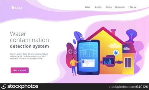 Smart home, house automation Water contamination detection system, real time water anomalies tracking, smart home water sensor concept. Website homepage landing web page template.. Water contamination detection system concept landing page