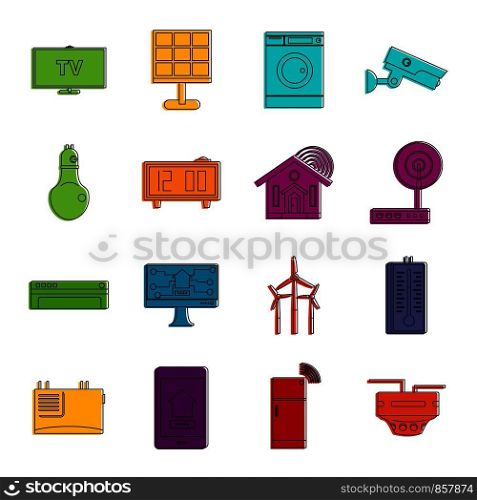 Smart home house icons set. Doodle illustration of vector icons isolated on white background for any web design. Smart home house icons doodle set