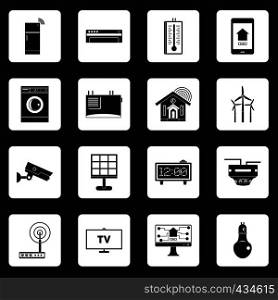 Smart home house icons set in white squares on black background simple style vector illustration. Smart home house icons set squares vector