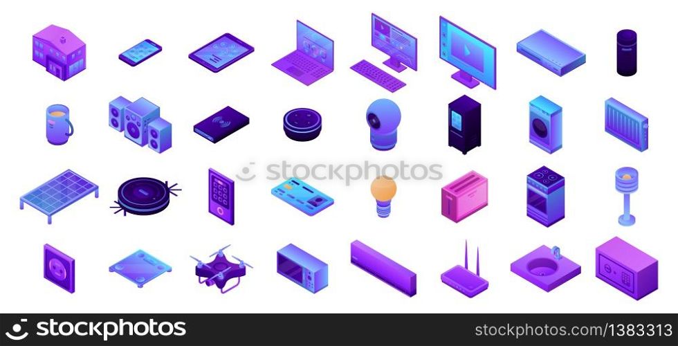 Smart home icons set. Isometric set of smart home vector icons for web design isolated on white background. Smart home icons set, isometric style