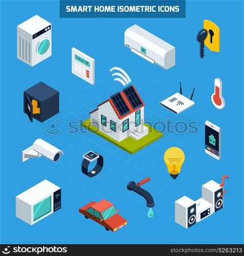 Smart Home Icons Set. Smart home icons set on blue background isometric isolated vector illustration