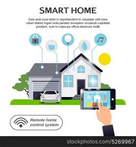 Smart Home Illustration. Colored smart home illustration with remote home control system description and mans finger tap the button on the tablet vector illustration