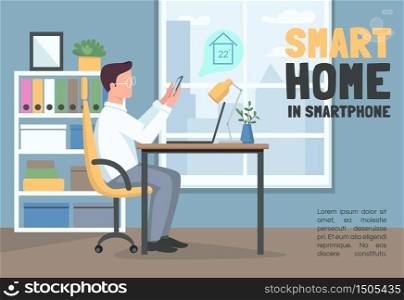 Smart home in smartphone banner flat vector template. Internet of things brochure, poster concept design with cartoon characters. Remote climate control horizontal flyer, leaflet with place for text