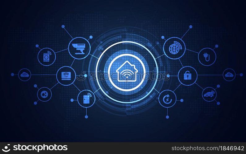 Smart home interface icons in room interior. Concept control and modern technology on a virtual screen, user touching a button. vector design.