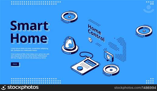 Smart home, internet of things isometric web banner. Display with artificial intelligence technology and smart house equipment and services for home control, vector illustration, line art landing page. Smart home, internet of things isometric web