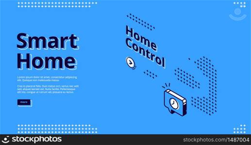 Smart home, internet of things isometric web banner. Display with interface, smart house equipment and service for home control, vector illustration, line art landing page. Smart home, internet of things isometric web