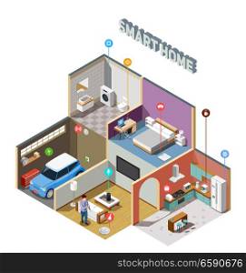 Smart home iot isometric composition with remote control of household appliances and car vector illustration. Smart Home IOT Isometric Composition
