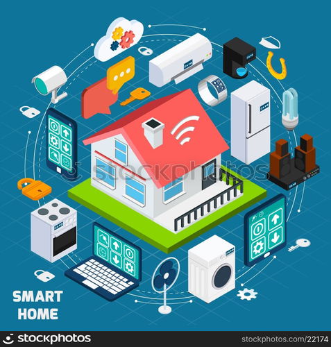 Smart home iot isometric concept banner. Smart home iot internet of things comfort and security innovative technology concept isometric banner abstract vector illustration