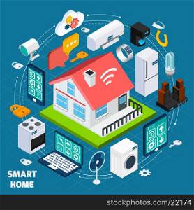 Smart home iot isometric concept banner. Smart home iot internet of things comfort and security innovative technology concept isometric banner abstract vector illustration