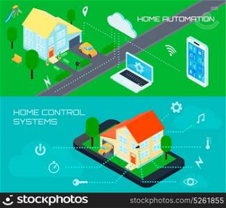 Smart Home Isometric Banners Set. Smart home automation control system 2 horizontal colorful banners set with outdoor isometric schematic view vector illustration