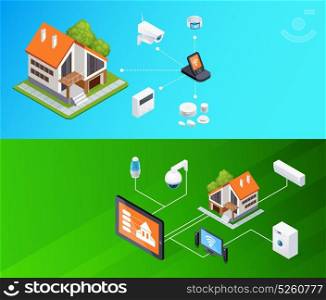 Smart Home Isometric Banners Set . Smart home smartphone remote controlled electronic household appliances 2 outdoor horizontal isometric banners set background vector illustration