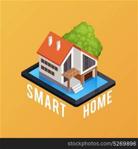 Smart Home Isometric Composition Poster . Smart home symbol isometric composition poster with remote computer controlled house on smartphone screen background vector illustration