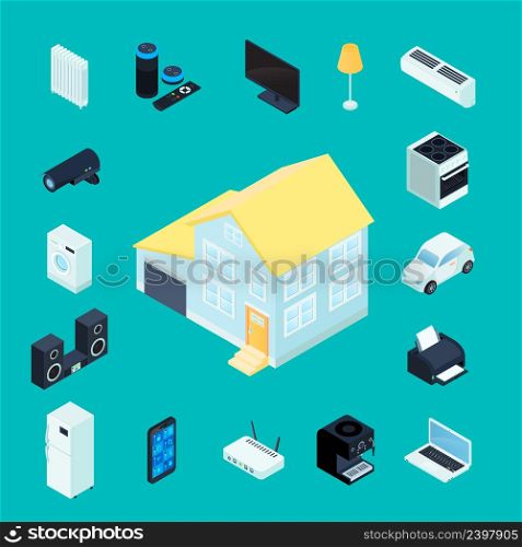 Smart home isometric decorative icons collection with private house in center domestic appliances and electronic elements of remote management around isolated vector illustration . Smart Home Isometric Decorative Icons