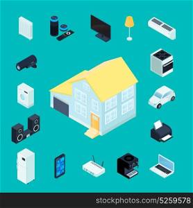 Smart Home Isometric Decorative Icons . Smart home isometric decorative icons collection with private house in center domestic appliances and electronic elements of remote management around isolated vector illustration