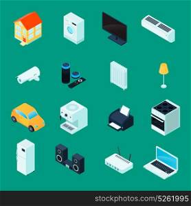 Smart Home Isometric Icons Set. Smart home isometric icons collection with household kitchen appliances laptop security camera green background isolated vector illustration