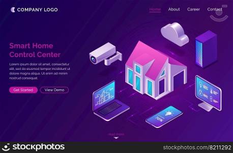 Smart home isometric, internet of things concept vector illustration. Control center with surveillance monitoring camera, computer and laptop, home and cloud icon purple banner, ultraviolet website. Smart home isometric, internet of things concept