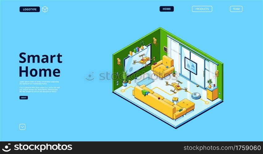 Smart home isometric landing page, internet of things concept. Room with iot appliances vacuum cleaner, video camera, temperature and security control, tv, quadcopter, 3d vector line art web banner. Smart home isometric landing, internet of things