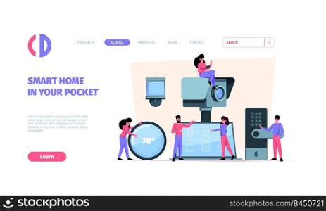 Smart home landing. Secure house system for comfortable life happy people garish vector web page template with place for text. Illustration of system smart house for security. Smart home landing. Secure house system for comfortable life happy people garish vector web page template with place for text