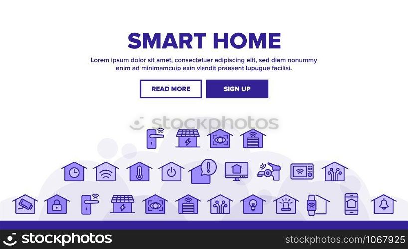 Smart Home Landing Web Page Header Banner Template Vector. Control, Camera, Light Settings And Humidity Smart House Device Linear Pictograms. Automation Monitoring Illustration. Smart Home Landing Header Vector