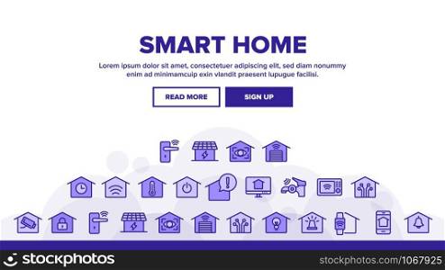 Smart Home Landing Web Page Header Banner Template Vector. Control, Camera, Light Settings And Humidity Smart House Device Linear Pictograms. Automation Monitoring Illustration. Smart Home Landing Header Vector
