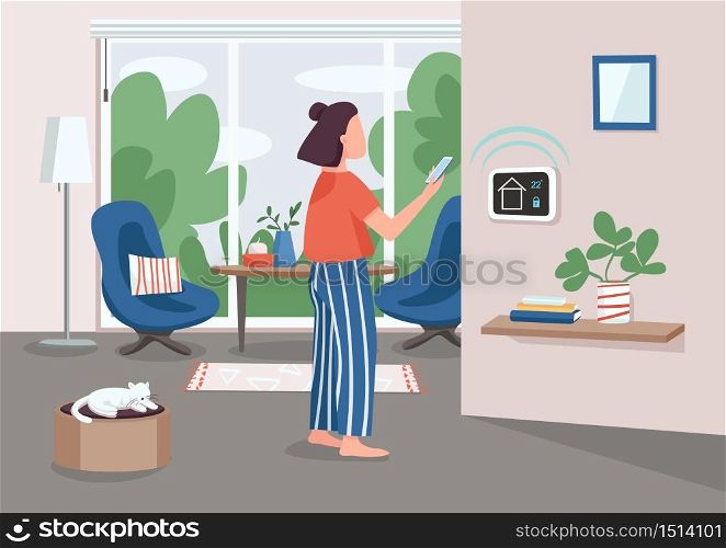 Smart home management panel flat color vector illustration. Young woman using smartphone 2D cartoon character with automated apartment on background. IOT technology. Domestic appliances remote control