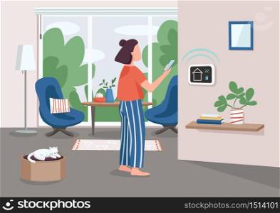 Smart home management panel flat color vector illustration. Young woman using smartphone 2D cartoon character with automated apartment on background. IOT technology. Domestic appliances remote control