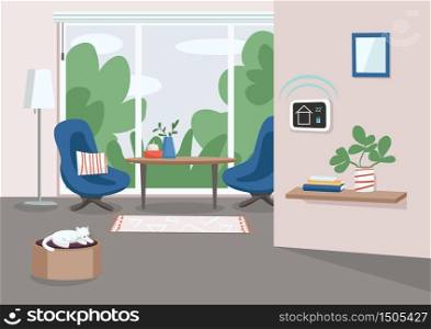 Smart home management panel flat color vector illustration. Climate control device, automated thermostat. IOT technology. Modern house 2D cartoon interior with living room on background