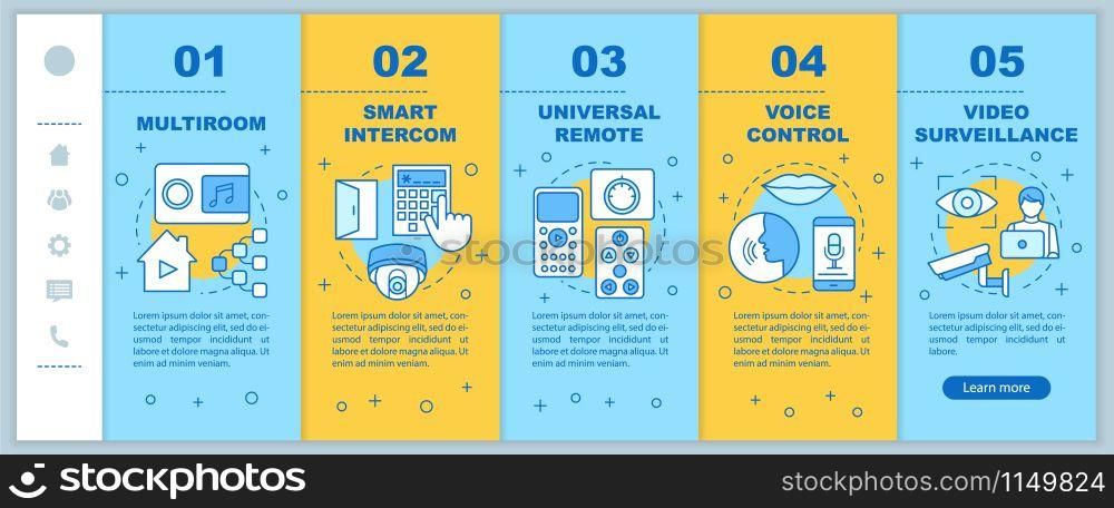 Smart home onboarding mobile web pages vector template. Automation systems Responsive smartphone website interface idea with linear illustrations. Webpage walkthrough step screens. Color concept