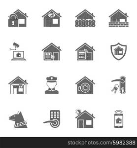 Smart home security system black icons set. Home security protection electronic remote controlled system with shield symbol black icons set abstract isolated vector illustration