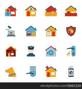 Smart home security system flat icons set. Home security computer system with surveillance camera and shield symbol flat icons set abstract isolated vector illustration