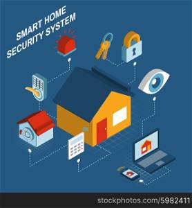 Smart home security system isometric poster . Smart home security alarm computerized remote control system concept poster with house symbol isometric abstract vector illustration