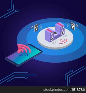 Smart home stereo system isometric color vector illustration. Music volume remote control. Loudspeakers and smartphone app wireless connection 3d concept isolated on blue background