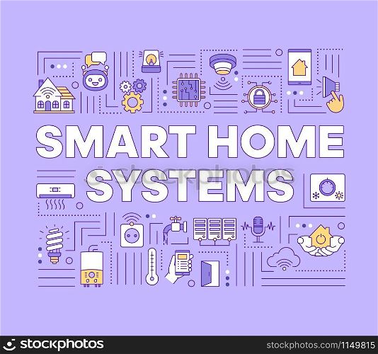Smart home systems word concepts banner. Climate control. Security system. Wireless technology. Presentation, website. Isolated lettering typography idea with linear icons. Vector outline illustration