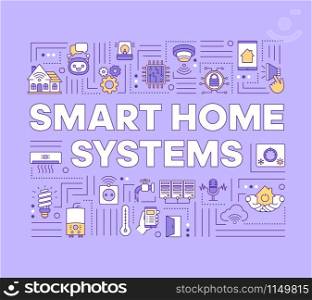 Smart home systems word concepts banner. Climate control. Security system. Wireless technology. Presentation, website. Isolated lettering typography idea with linear icons. Vector outline illustration