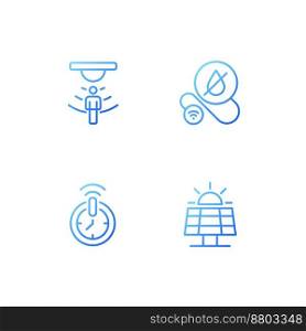 Smart home technologies pixel perfect gradient linear vector icons set. Automated household device. Wireless control. Thin line contour symbol designs bundle. Isolated outline illustrations collection. Smart home technologies pixel perfect gradient linear vector icons set