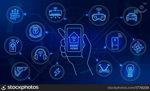 Smart home technology. Connected devices with smartphone app control. Internet of things automation system with digital icons vector concept. Illustration smartphone house, smart security app. Smart home technology. Connected devices with smartphone app control. Internet of things automation system with digital icons vector concept