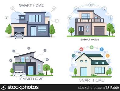 Smart Home Technology House Control System Of Lighting, Heating, Ventilation and Security with a Modern Concept. Background Vector Illustration