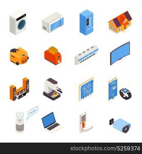 Smart Home Technology Isometric Icons Collection . Internet of things smart home elements isometric icons collection with kitchen appliances and cell phone isolated vector illustration