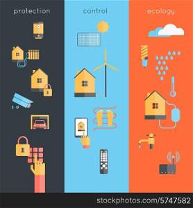 Smart home vertical flat banner set with protection control ecology elements isolated vector illustration