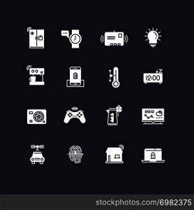 Smart home white icons collection. Set of symbol, for electronic remote house appliance, vector illustration. Smart home white icons collection