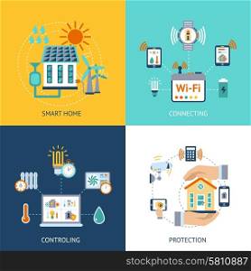 Smart home wireless computer connection controlling and protection systems 4 flat icons composition abstract isolated vector illustration. Smart house design concept flat