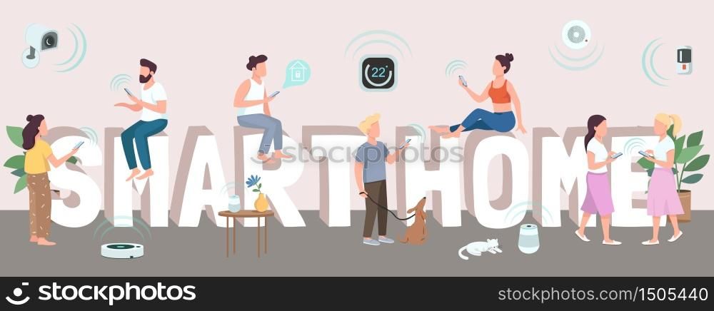 Smart home word concepts flat color vector banner. Typography with tiny cartoon characters. Internet of things, house automation technologies. Intelligent domestic appliances creative illustration