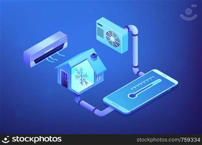 Smart house and air conditioning system controlled with smartphone. Air conditioning, smart cooling system, air conditioning units concept. Ultraviolet neon vector isometric 3D illustration.. Air conditioning concept vector isometric illustration.