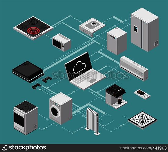 Smart house and electrical control isometric concept with domestic appliances vector illustration. Control appliance technology, wireless electrical. Smart house and electrical control isometric concept with domestic appliances vector illustration